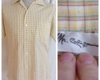 Vintage 1960s Mans Shirt Top Loop Mr. California Plaid Cotton Medium