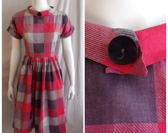 Vintage 1950s Day Dress Red Black Grey Plaid Fit and Flare Small Petite