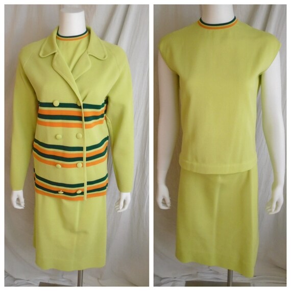 Vintage 1960s Three Piece Sweater Dress Chartreus… - image 1