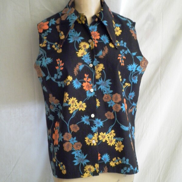 Floral Vintage Blouse 60s Rockabilly Top 1960s Vintage Floral Print Summer Blouse Sleeveless 40 bust