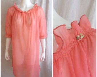 Vintage 1960s Nightgown Sheer Hot Orange with Ruffles One Size