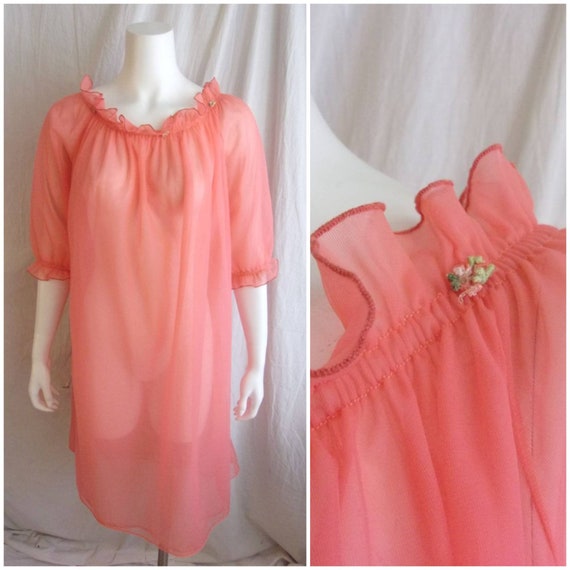 Vintage 1960s Nightgown Sheer Hot Orange with Ruf… - image 1