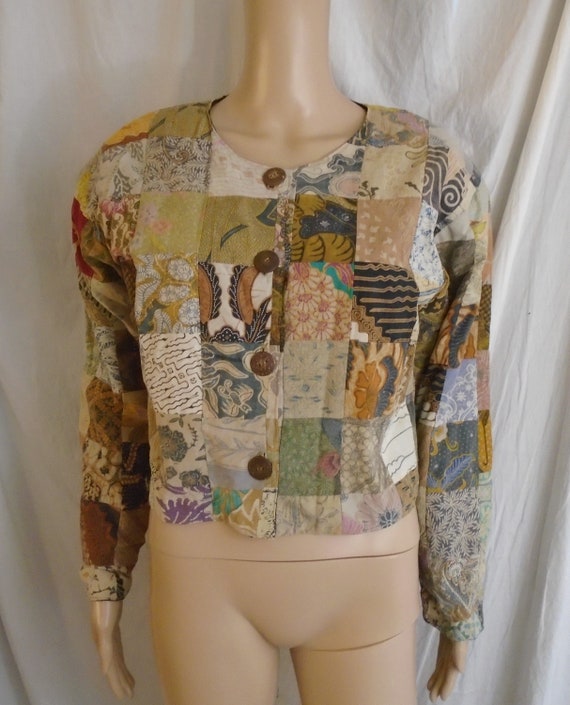 Vintage 1980s Jacket Cotton Patchwork Multi Color… - image 2