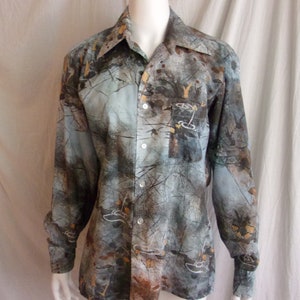 Vintage 1970s Shirt Abstract Print Mans Disco Shirt Golden Arrow Medium