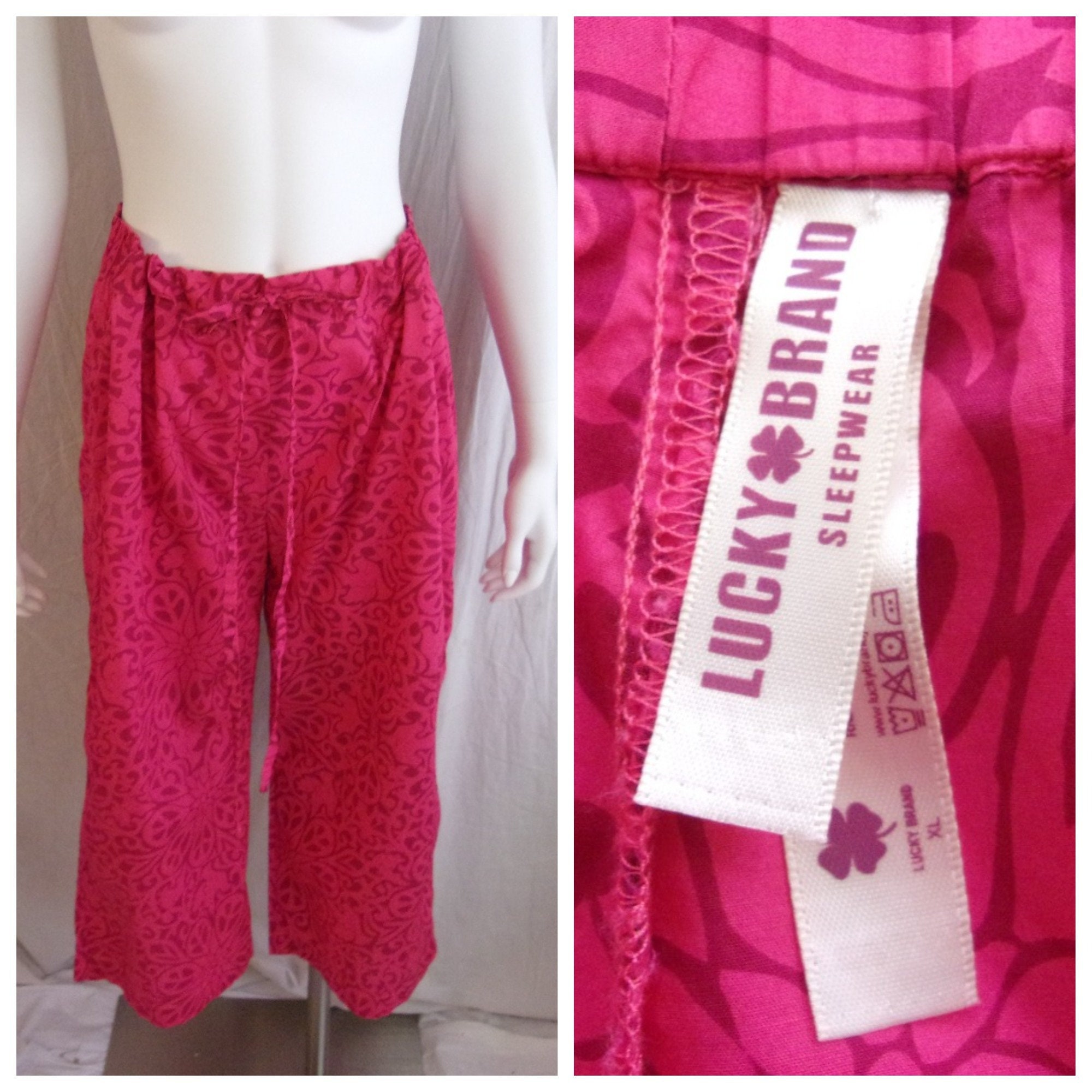 Vintage 1990s Pants Loungewear Pants Hot Pink Peace Sign Print Lucky Brand  Capri Length Large 