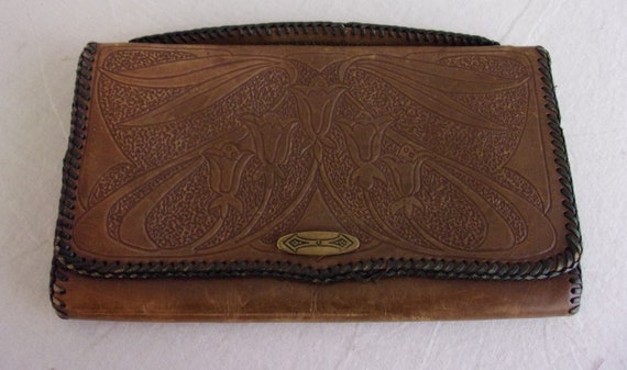 Vintage 1920s Purse Brown Leather Tooled Clutch P… - image 1