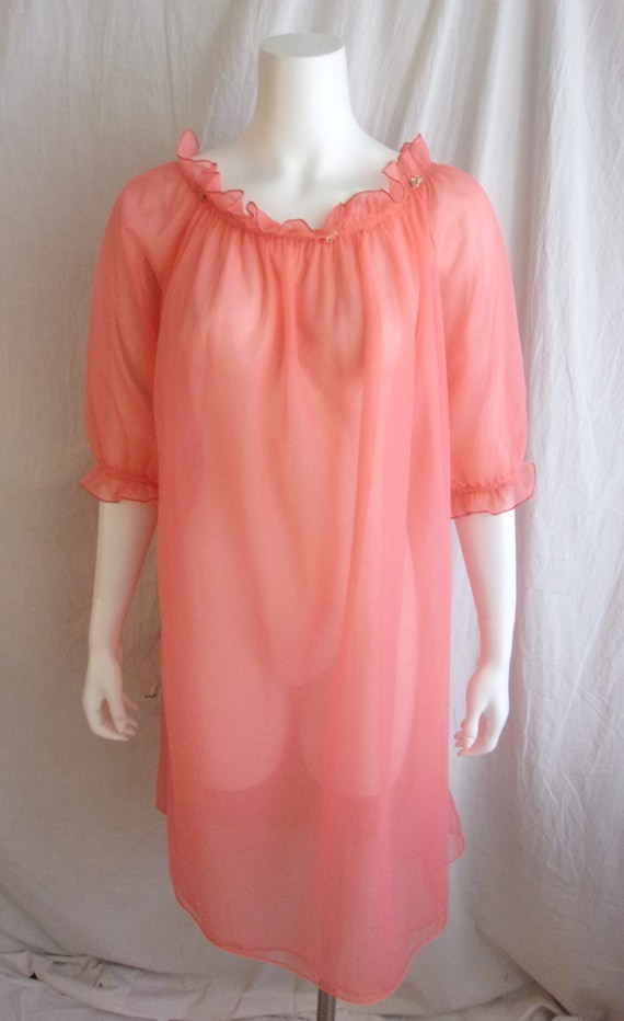 Vintage 1960s Nightgown Sheer Hot Orange with Ruf… - image 5