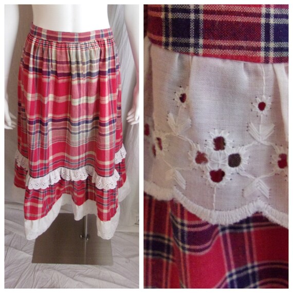 Vintage 1970s Maxi Skirt Plaid Cotton With Eyelet… - image 1