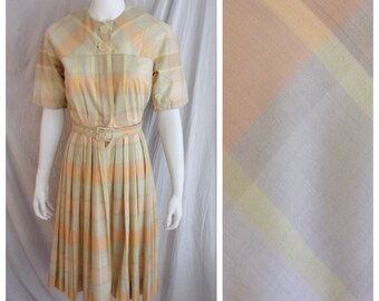 Vintage 1960s Dress Pastel Plaid Full Pleated Skirt Peach and Taupe XS