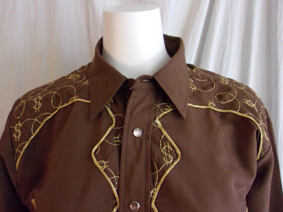 Vintage 1970s Shirt Brown Cowboy Shirt with Gold … - image 2