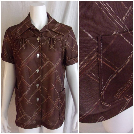 Vintage 1970s Blouse Brown Polyester Print Smock … - image 1