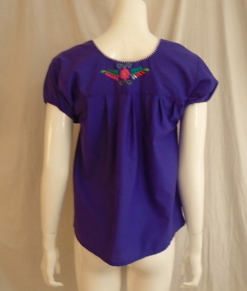 Vintage 1970s Blouse Purple Peasant Top with Multi Color Embroidery Puffed Sleeves Medium