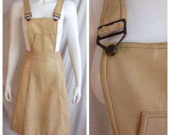 Vintage 1970s Pinafore Apron Dress Tan Vinyl Suspender Skirt XS