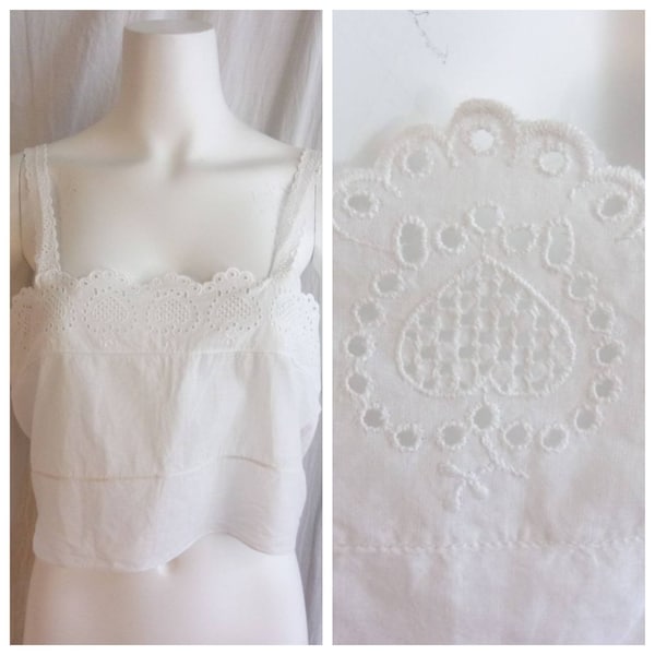 Vintage 1950s Camisole White Cotton with Eyelet Medium