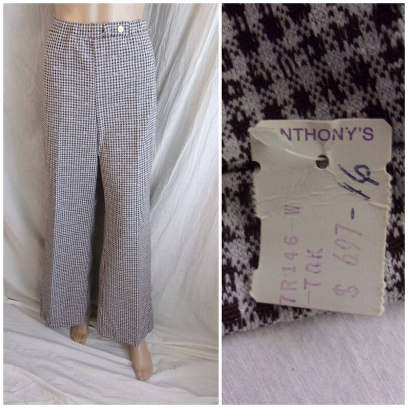Pantalon vintage des années 1970 à carreaux marron et blanc flares NWT Deadstock M/L image 1