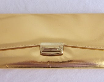 Vintage 1950s Large Clutch Purse Gold Leather East West  Handbag