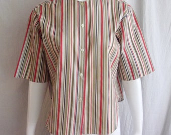 Vintage 1960s Blouse Striped Cotton Button Down Tan Red Black XL 42 Bust