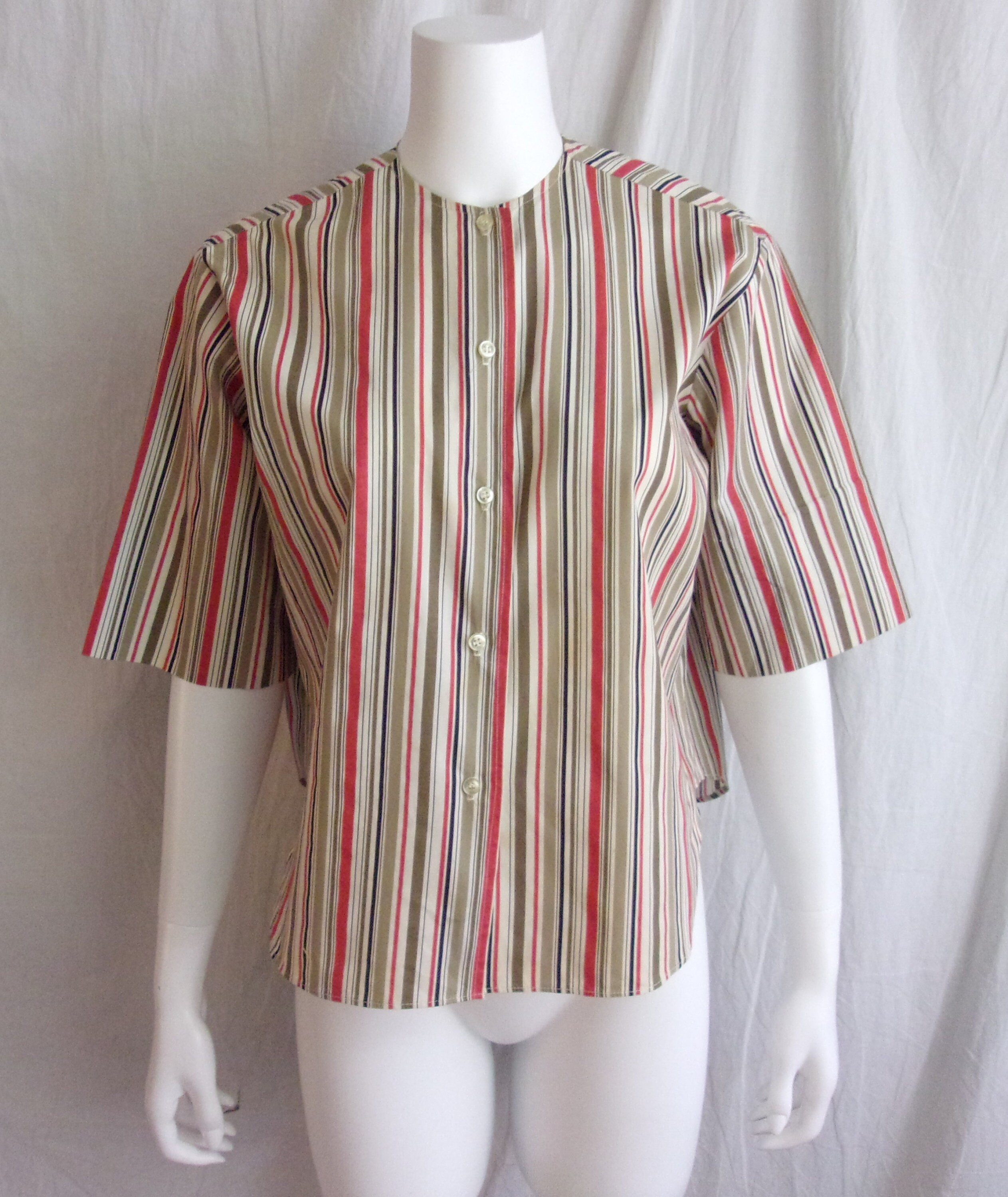 Vintage 1960s Blouse Striped Cotton Button Down Tan Red