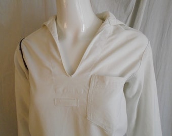 Vintage 1940s Middy Top Mans Naval Uniform White Twill Pullover Shirt XS