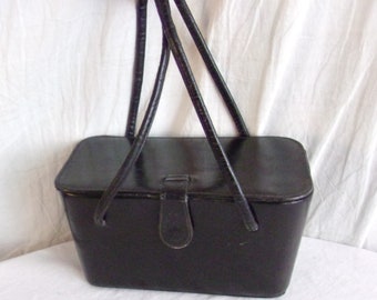 Vintage 1950s Purse Black Leather Box Purse Rockabilly