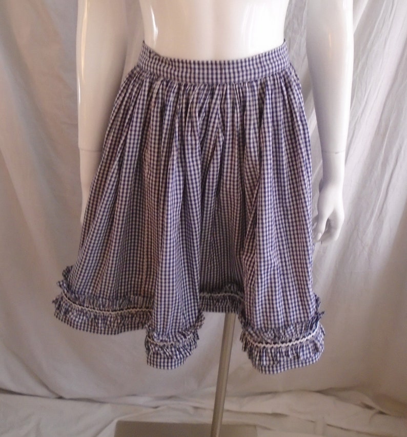 Vintage 1950s Skirt Gingham Navy and White Circle Skirt With Ruffle XS 25 Waist
