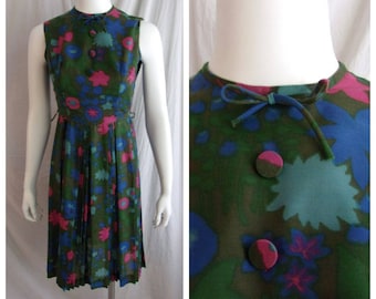 Vintage 60er Jahre Kleid Dunkel Floral Ärmellose Passform und Flare Baumwollmischung XS Petite