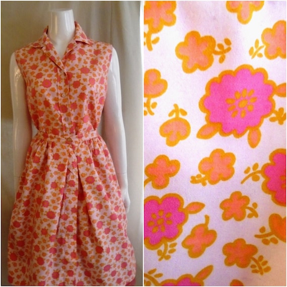 Vintage 1950s Dress Two Piece Cotton Floral Button