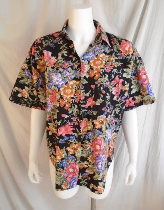 Vintage 1980s Cotton Print Blouse Fall Floral Bla… - image 4