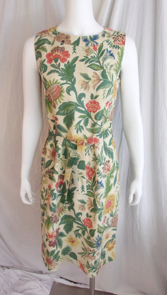 Vintage 1960s Dress Linen Floral Sheath Muted Sha… - image 2