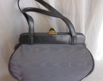 Vintage 1950s Purse Grey Kelly Bag Faille and Leather Top Handle