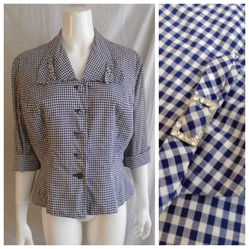 Vintage 1950s Suit Jacket Blue and White Checked Print Fitted Peplum Jacket XL