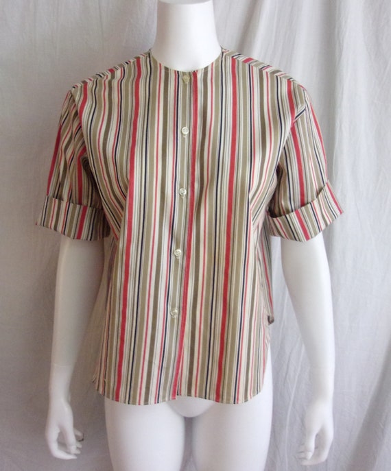 Vintage 1960s Blouse Striped Cotton Button Down T… - image 4