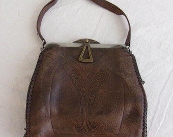 Vintage 1910s Purse Art Nouveau Tooled Leather Top Handle