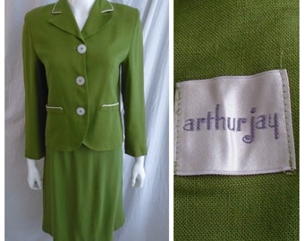 Vintage 1960s Suit Olive Dress Linen Mod Skirt Suit White Piping Trim Small