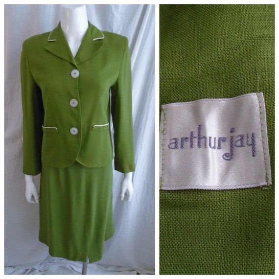 Vintage 1960s Suit Olive Dress Linen Mod Skirt Su… - image 1