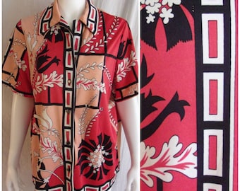 Vintage 1970s Blouse Mod Print Red Black Peach XL