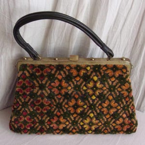 Vintage 1960s Purse Multi Color Tapestry Purse Fall Handbag Top Handle