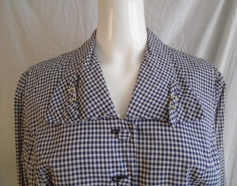 Vintage 1950s Suit Jacket Blue and White Checked Print Fitted Peplum Jacket XL
