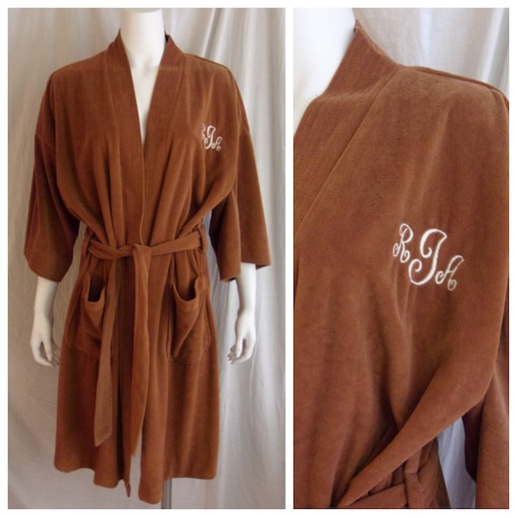 Vintage 1970s Mans Velour Robe Warm Brown with Mo… - image 1