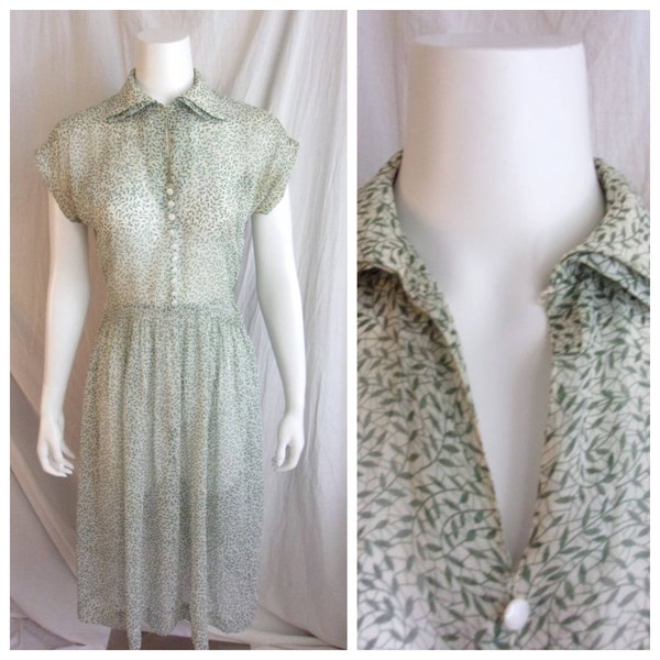 Vintage 1940s Dress Sheer Bemberg Rayon Green Leaf Print Day Dress Small