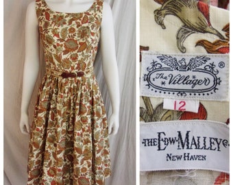 Vintage 1950s Dress Brown Red White Floral Cotton Sundress Metal Zipper XS Petite