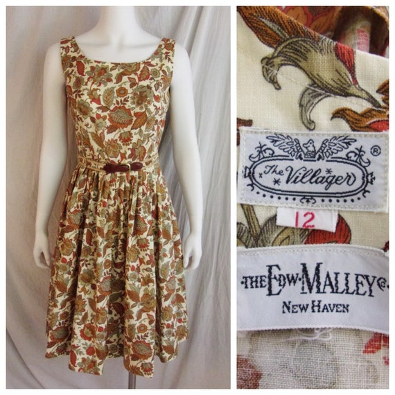 Vintage 1950s Dress Brown Red White Floral Cotton… - image 1