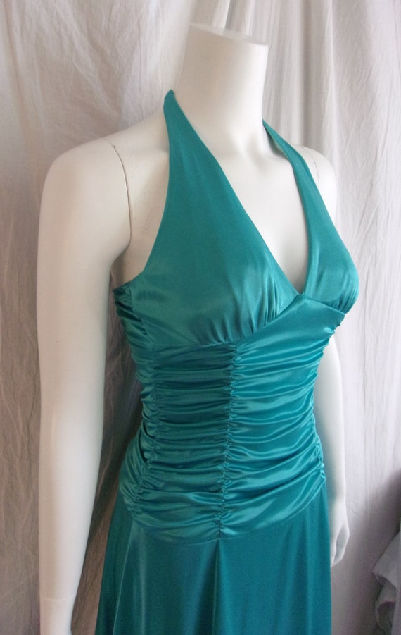 Vintage 1990s Halter Dress Turquoise Flaring Skir… - image 5