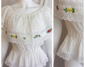 Vintage 1970s Peasant Top Off The Shoulder White with Colored Embroidery Boho Large