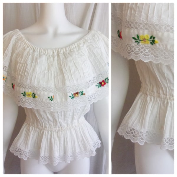 Vintage 1970s Peasant Top Off The Shoulder White with Colored Embroidery Boho Large