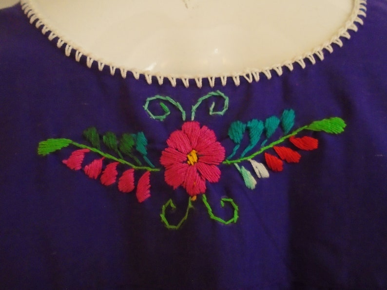 Vintage 1970s Blouse Purple Peasant Top with Multi Color Embroidery Puffed Sleeves Medium