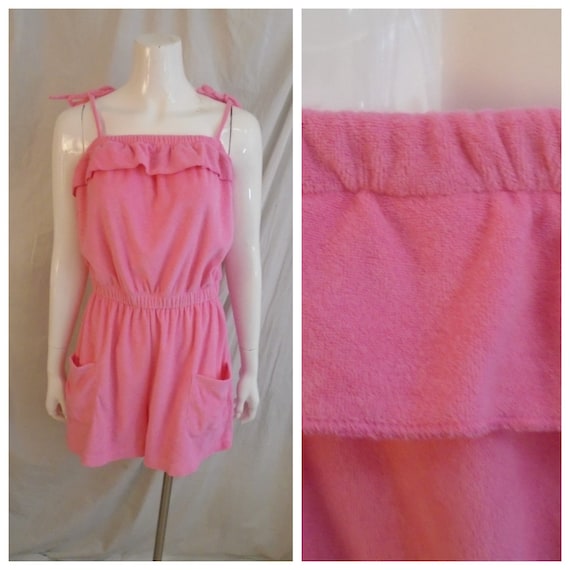 Vintage 1970s Hot Pink Romper Terrycloth Spaghetti