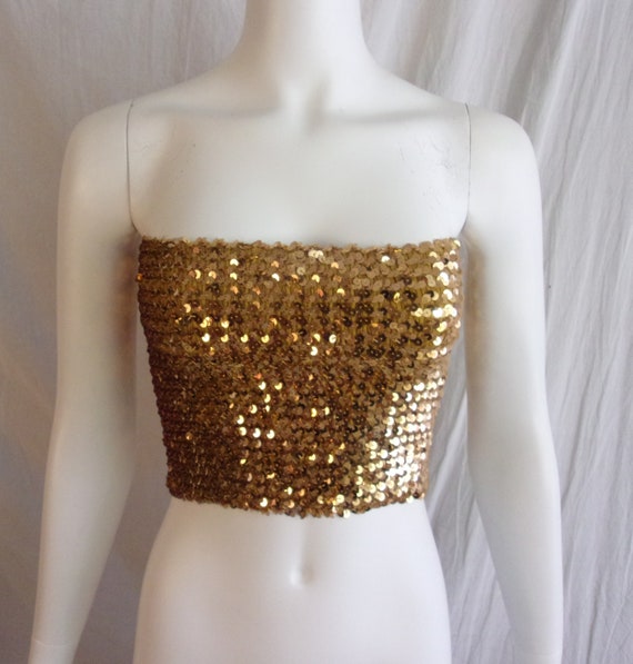 Vintage 1970s Tube Top Gold Sequined Disco Top Sma