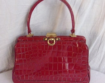 Vintage 1950s Purse Red Leather Alligator Embossed Kelly Bag Morris Moskowitz