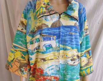 Vintage 1990s Frau Jacke Art Print Jacke Zip Up Baumwolle Landschaftlich Abstrakt 2X